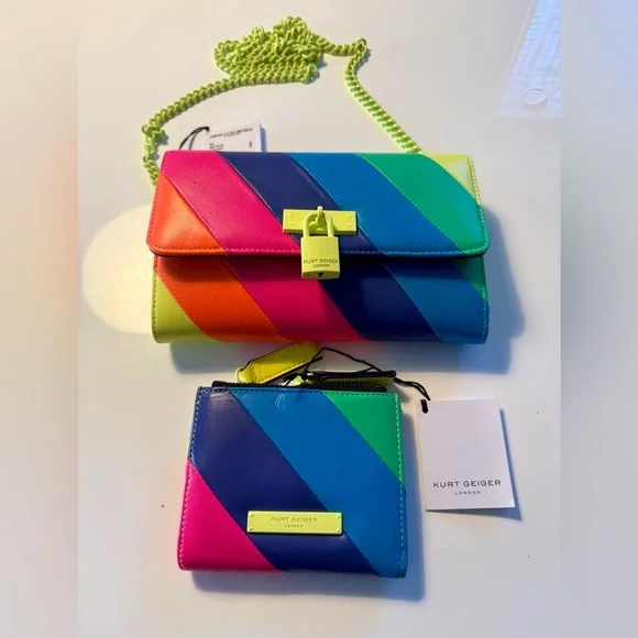 Kurt Geiger Women's Neon striped Hang Bag Yellow Chain - Picture 1 of 5